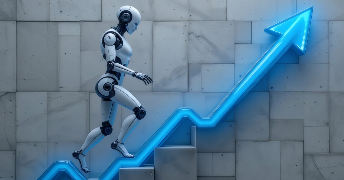 Robot standing next to rising arrow steps