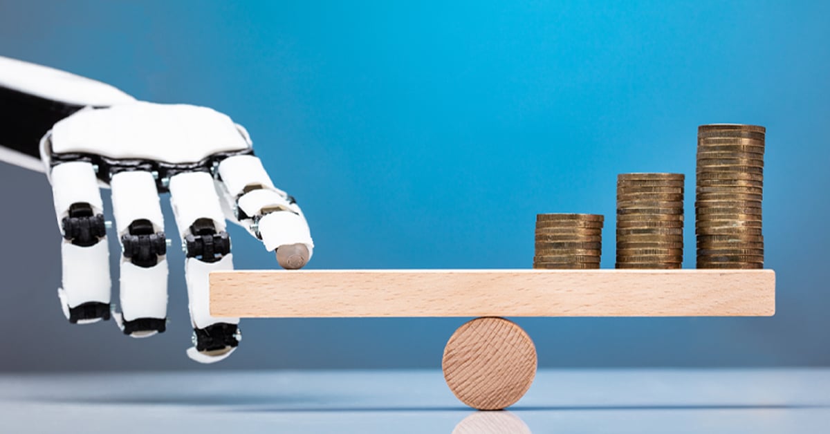 Robot hand on seesaw with coins on other side