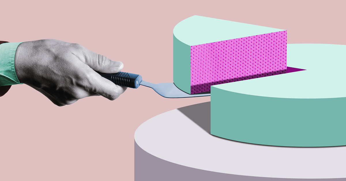 Market share, hand raising slice of pie chart