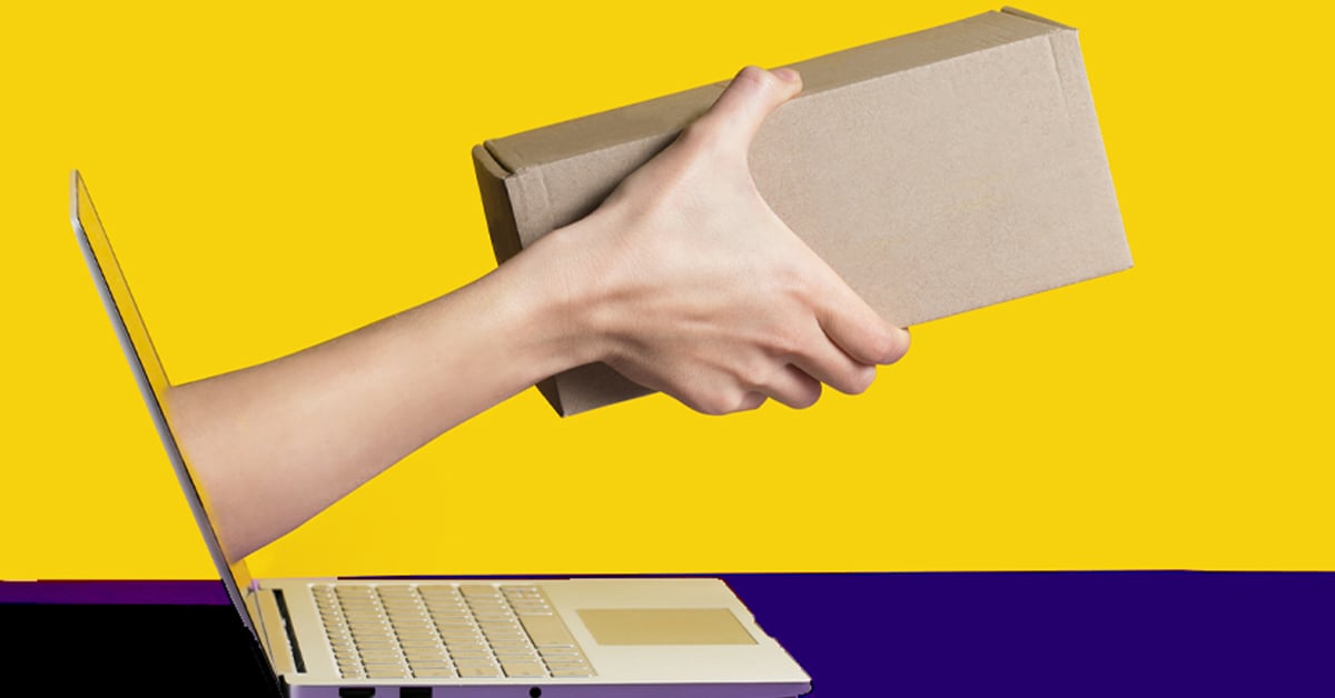 Hand delivering package out of computer screen