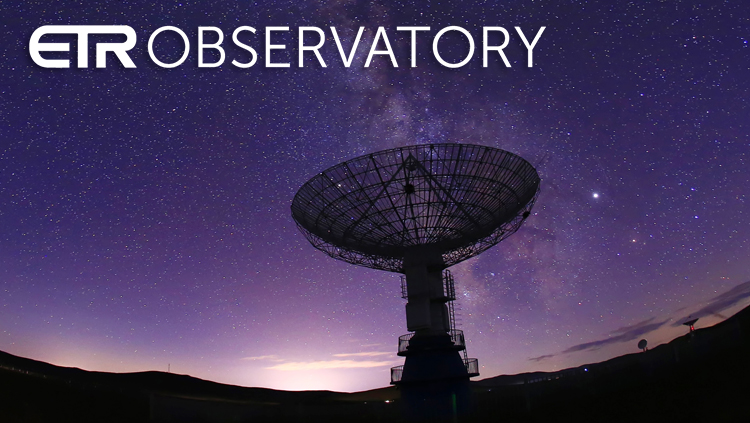 radio telescope at night image with ETR Observatory logo in white