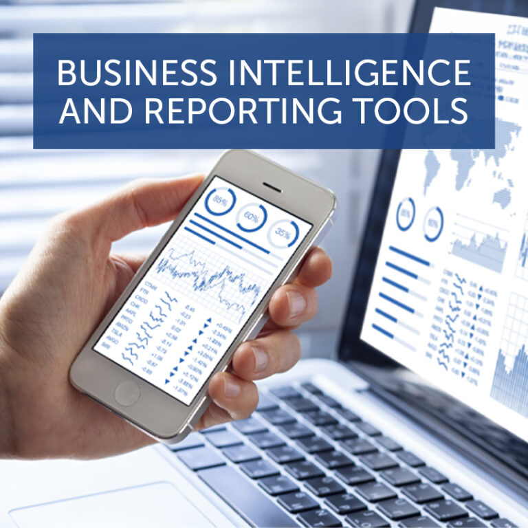 Title art with computer screen and phone showing charts: business intelligence and reporting tools
