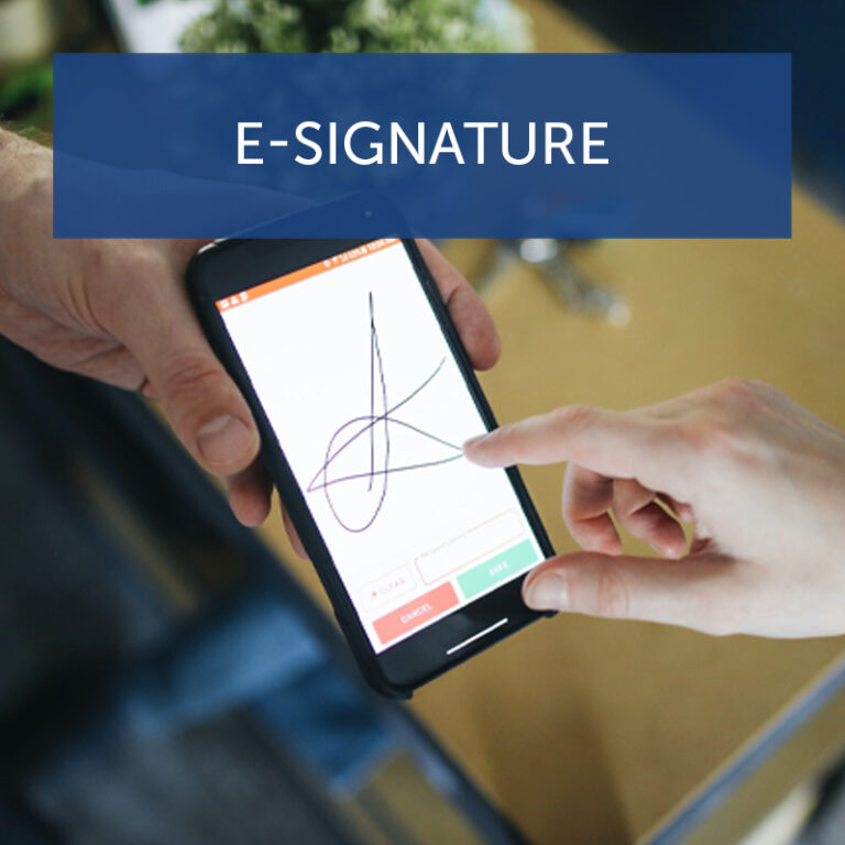 Title art with finger signing a phone: e-signature