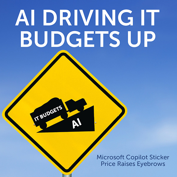 Headline art depicting a steep incline sign; AI driving IT budgets UP